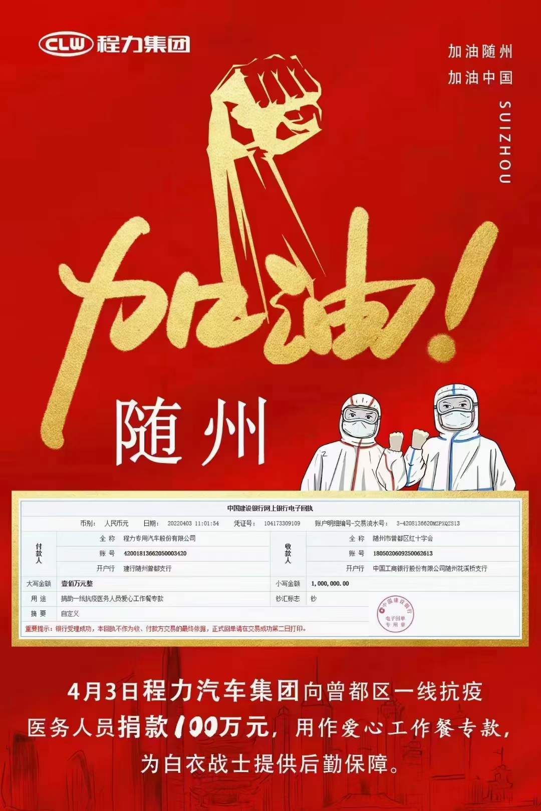 程力汽車集團(tuán)捐贈百萬愛心工作餐?？钪σ咔榉揽卣蔑@社會擔(dān)當(dāng)